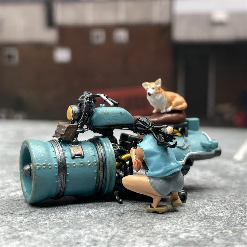 1/64 Scale Resin Model Space Motorcycle Sexy Repairwoman and Corgi Dog Figures Dioramas Diecast Alloy Car Miniature Collection