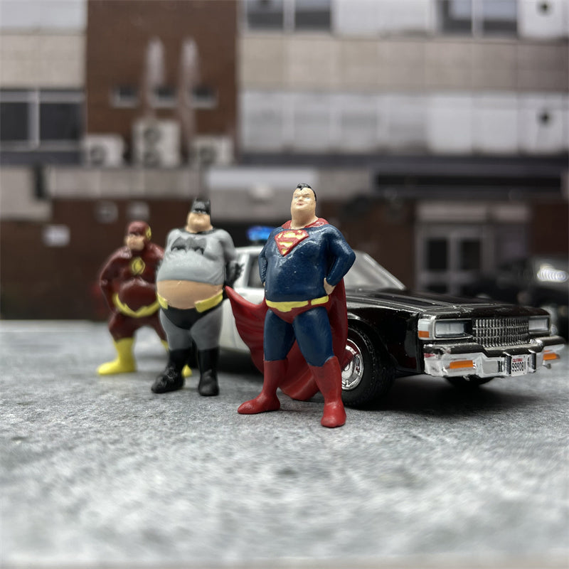 1/64 Scale Figures Fat Retired Superhero Cast Alloy Car Static State Miniature Dioramas Kawaii Character Model Scene Layout