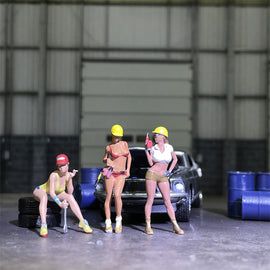 1/64 Scale Resin Model Sexy Electric Drill Female Repairman Figures with Oil Drum Diecast Alloy Car Diorama Miniature Collection