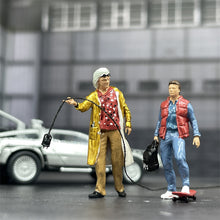Load image into Gallery viewer, 1/64 Scale Model Back to the Future Figures Yellow Cape Dr Brown and Skateboard Marty Alloy Car Dioramas Miniature Collection