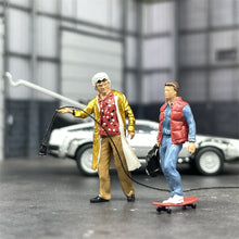 Load image into Gallery viewer, 1/64 Scale Model Back to the Future Figures Yellow Cape Dr Brown and Skateboard Marty Alloy Car Dioramas Miniature Collection