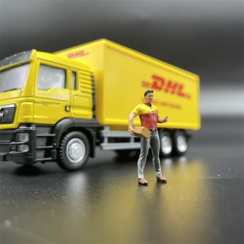 1/64 Scale Model DHL Courier Figures and DHL Truck Diecast Alloy Car Scene Accessories Dioramas Miniature Collection