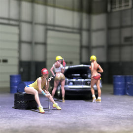 1/64 Scale Resin Model Sexy Electric Drill Female Repairman Figures with Oil Drum Diecast Alloy Car Diorama Miniature Collection