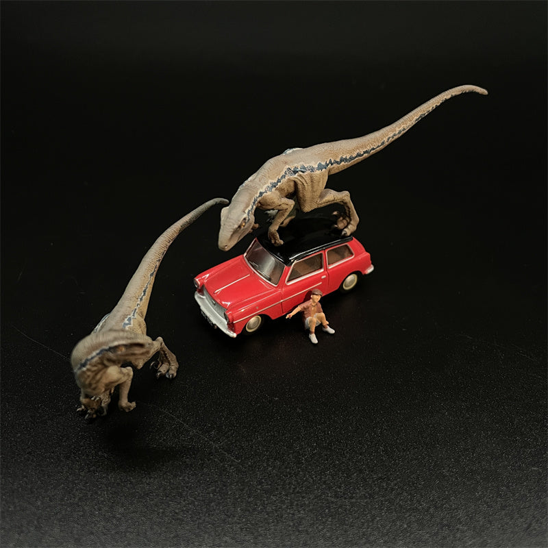 1/64 Scale Resin Mode Jurassic Park Velociraptor and Boy Figures Diecast Alloy Car Doll Scene Dioramas Miniature Collection